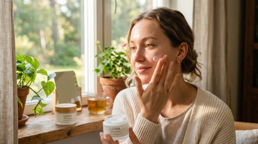 woman doing skincare routine at home for naturally glowing clear skin
